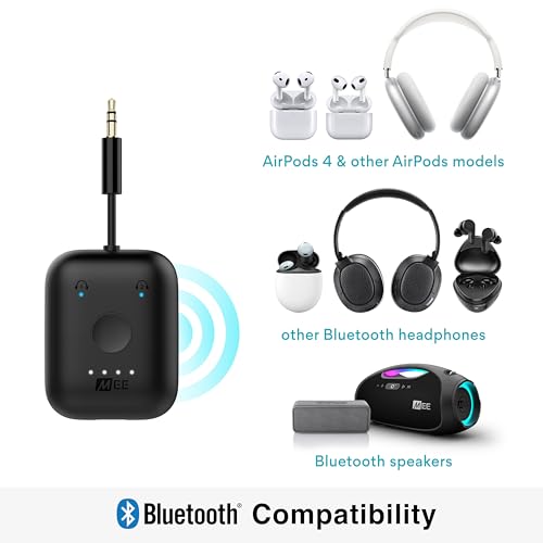 Image of MEE Audio Connect Air in-Flight Bluetooth Wireless Audio Transmitter, with Extra Dual 3.5mm Jack AUX Adapter, for up to 2 AirPods /Other Headphones; Works with All 3.5mm Aux Jacks, Black