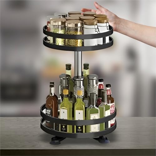 Image of JD FRESH 360 Rotating Spice Rack Organiser /Multifunctional Spice Rack /Table Top Storage Rack /Non-Slip Spice Holder Organizer for Kitchen /Living Room- Black (2-Tier, Round)