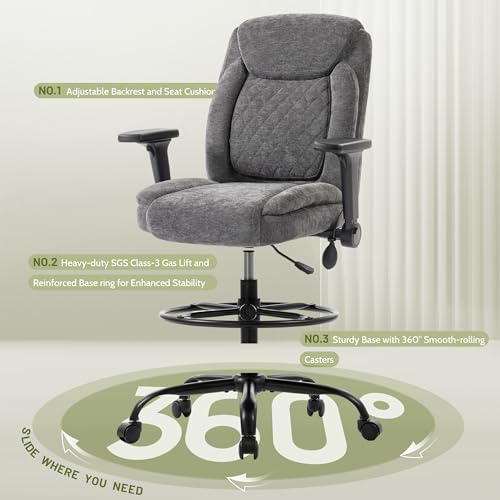 Image of Drafting Chair,Executive Tall Office Chair Flip-up Armrests for Counter Height Desk Drawing Use,High Task Chair with Adjustable Foot Ring &Inflatable Lumbar Support,Swivel Computer Stool, Fabric Grey