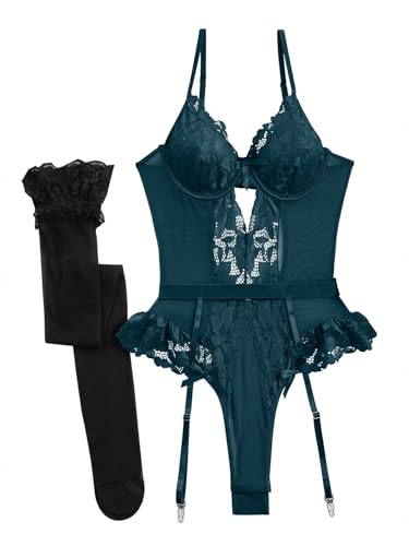 Image of Lilosy Sexy Stocking Lace Mesh Bodysuit Top Underwire Garter Lingerie Set 3 Piece