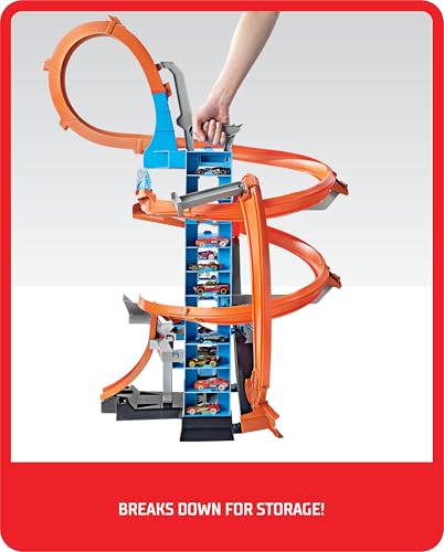 Image of Hot Wheels Sky Crash Tower Track Set, 2.5+ ft / 83 cm High with Motorized Booster, Orange Track & 1 Hot Wheels Vehicle, Race Multiple Cars, Gift for Kids 5 to 10 Years Old & Up