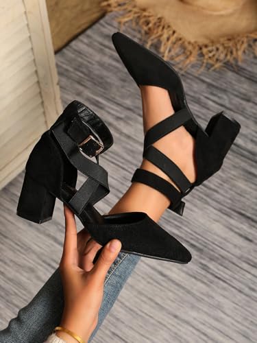 Pointed Toe Ankle Strap Dress Heels for Women Closed Toe Suede D'Orsay Shoes Women's Low Chunky Pumps with Cross Elastic Straps for Wedding Party Dating 2.4"4