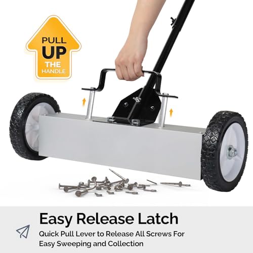 LEADZM 18-Inch Rolling Magnetic Pick-Up Sweeper with Wheels, with Quick Release Latch and Adjustable Long Handle, for Nails Needles Screws Collection, Great for Yard Grass Carpet and Concrete Floor