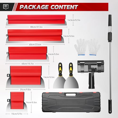 Flächenspachtel Set,Inkl. 5 x Flächenschaber (190 mm Halbmond, 250 mm, 400 mm, 600 mm, 800 mm) mit Ersatzklingen – 2 x Handschaber – Aluminium-Teleskopstange Surface Spatula Set (Rot)