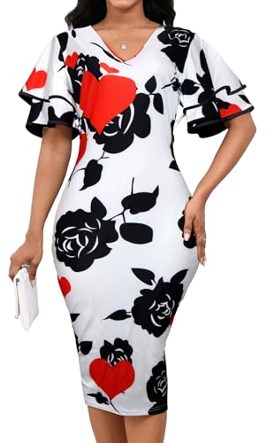 VisiChenup Women's Sexy African Pencil Dress Ruffles Sleeve Bodycon Midi Dresses