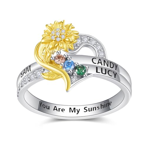 Personalized Ring for Women Birthday Gifts Sterling Silver Birthstone Heart Ring Engraved Names Custom Birthstones Jewelry Anniversary Graduation Gifts for Daughter Wife Mom Grandma