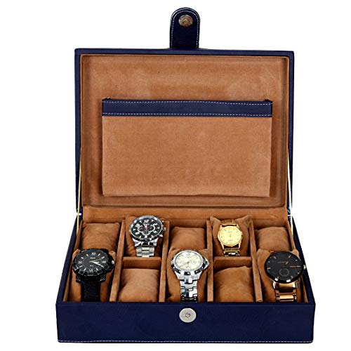 Image of Leather World PU Leather 10 Slots Wrist Watch Box Case Organizer Jewelry Storage for Men and Women (Blue P)