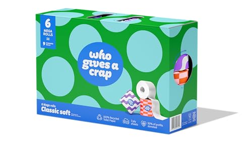 Who Gives A Crap 6 Mega Toilet Rolls 100% Recycled Paper 3 Ply 270 Sheets per Roll (Equals 9 Standard Rolls) Soft Strong Toilet Tissue for Bathroom Use