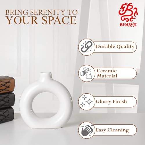 Image of BENAVJI Ceramic Vase for Home Decor Centerpiece for Living Room, Bedroom, Dining Table & Office (White Ring Vase, 6 Inch)