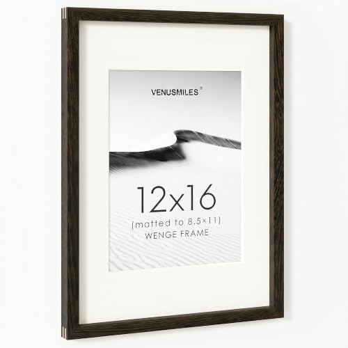 Image of 12x16 Picture Frame, USA-Sourced Natural Wenge Wood Photo Collage Frame with HD Tempered Glass, Modern Simple 12 x 16 Wooden Frame Matted to 8.5x11, Vertical & Horizontal Wall Hanging Display