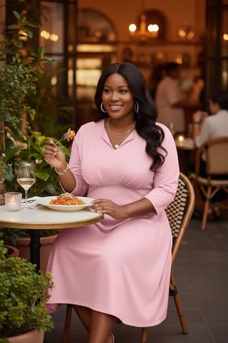 Image of Nmoder Women's Plus Size Stretchy Flared Wrap Dress Casual Wedding Guest Midi Dresses V Neck 3 /4 Sleeve A-Line Swing Dress