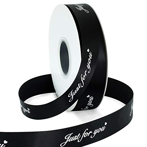 1 Inch Wide Satin Ribbons Roll Black 50 Yards Printing Just for You Fabric Craft Heart Ribbon for Wedding Birthday Valentine