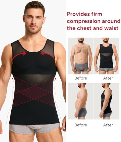 Nebility Mens Compression Shirt - Slimming Undershirts Body Shaper Vest Mesh Shapewear Tummy Control Tank Tops Black - 3
