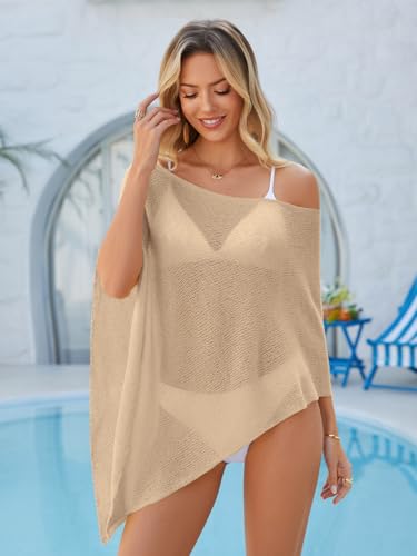 Image of UNCLECAT Women Mesh Knit Crochet Cover Up Spring Summer Sheer Poncho Tops Beachwear Vacation Outfits