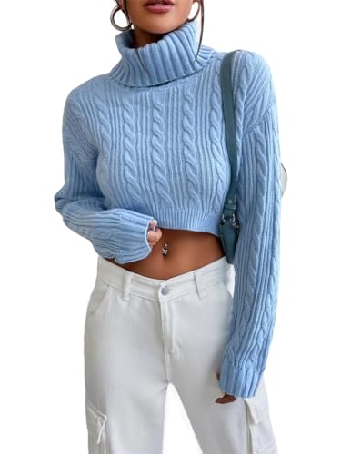 Image of Women's Fall Winter Long Sleeve Turtleneck Cropped Sweater Ribbed Cable Knit Pullover Jumper Solid Sweater Crop Tops