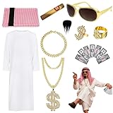 Atsmoce Disfraz Jeque Arabe Hombre, Traje Sheikh Árabe, Vestido Jeque Árabe con pañuelos y accesorios de cosplay, ideal para Cosplay, Carnaval, Mascarada (M)