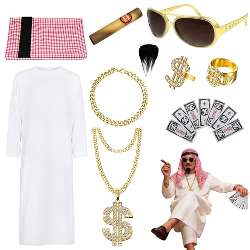 Atsmoce Disfraz Jeque Arabe Hombre, Traje Sheikh Árabe, Vestido Jeque Árabe con pañuelos y accesorios de cosplay, ideal para Cosplay, Carnaval, Mascarada (XXL)
