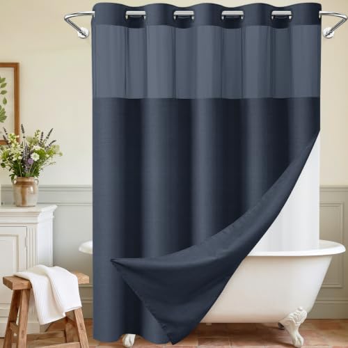 WONICY Hook-Free Shower Curtain with Snap-in Liner, Navy, 71 x 74 Inch