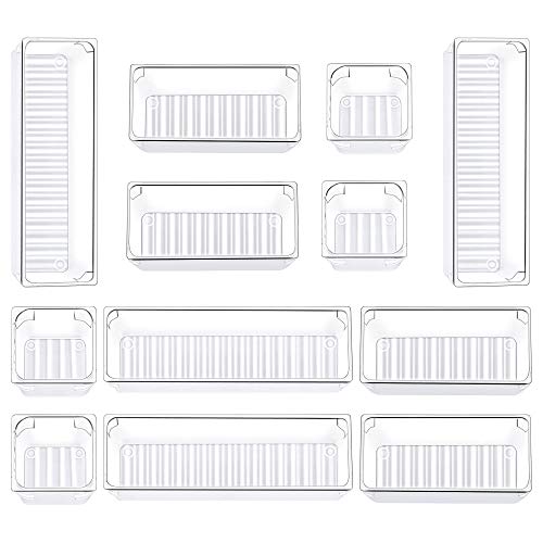 Kootek 12 Pcs Desk Drawer Organizer Trays 3-Size Bathroom Drawer Tray Plastic Storage Organizers Bins Customize Layout Dividers for Cosmetic Makeup Dresser Kitchen Flatware Cutlery Office Supplies