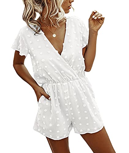 BTFBM Women Fashion Wrap V-Neck Swiss Dot Print Short Sleeve Elastic Waist Plain Summer Pockets Shorts Jumpsuit Romper (White, Medium)