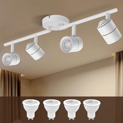 Arcfox Replacement 4 Light Track Lighting Fixtures Ceiling Flexible Rotatable MR16 GU10 Base 4 Way LED Track Lighting Kit White for Shop Exhibition Gallery (LED 5W Bulb Included)