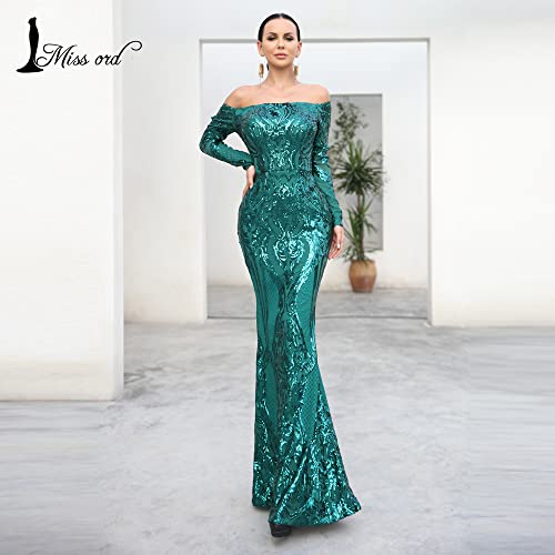 Miss ord Sexy Long Sleeve Retro Party Dress Sequin Formal Maxi Dress, Elegant Mermaid Evening Prom Gown Green