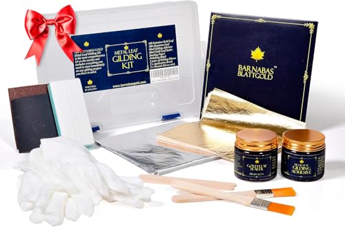 Barnabas Gilding Kit - 100 Sheets Imitation Gold Leaf and Silver Leaf, Gilding Adhesive 60ml, Sealer Gloss 60ml, 2Gloves 2Brushes, 2Sanding Block, 1Sanding Paper #240
