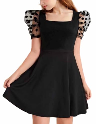 Big Girls Dresses Square Neck Princess Polka Dot Mesh Puff Sleeves High Waist A Line Party Dress for 8-14 Years