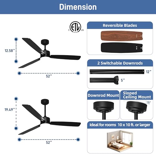 Image of hykolity 52 Inch Modern Black LED Ceiling Fan with Light and Remote Control