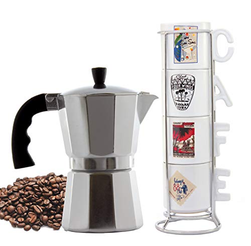 Imusa Cuban Espresso Coffee Maker 6-cup - Bundle with a Set of White
