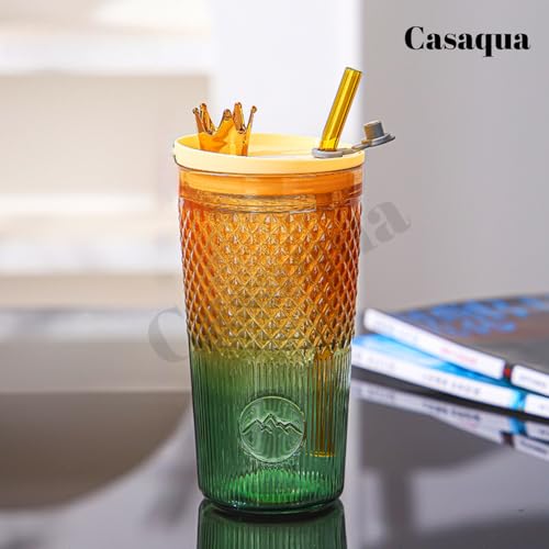 Image of Fashion Glass Cup with Lid and Straw - 600ml, Set of 1, Glass Cups, Clear Glassware for Kitchen, Home Heat Resistant Drinking Tumbler Office Ice Coffee Glasses Tea Mug