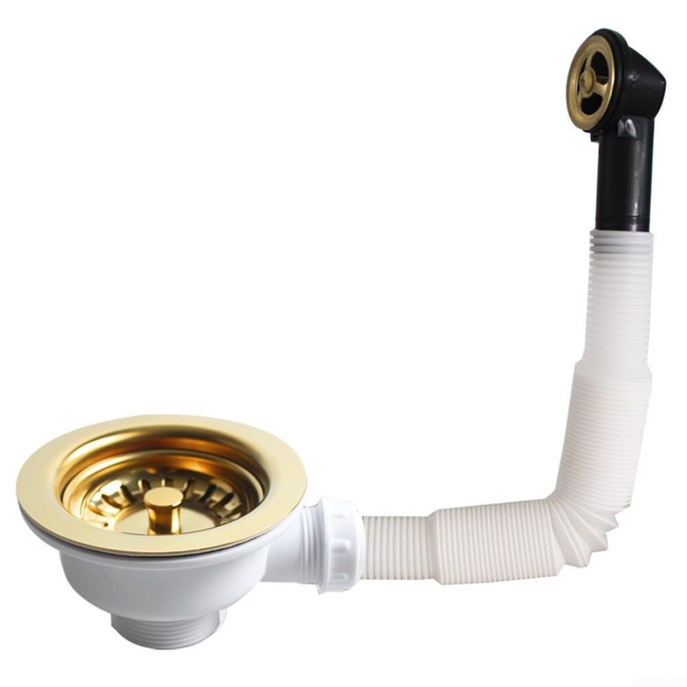Colador de cocina dorado de 114 mm con tapón de drenaje elegante y rebosadero
