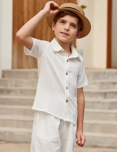 Image of Arshiner Boys Casual Short Sleeve Button Down Shirt Fashion Textured Summer Beach Shirt 3-13 Years Old