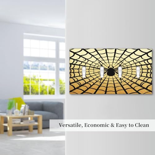 Decorative Switch Plate Covers Black Spider Spiderweb on Golden Background 4 Gang Light Switch Cover Plate Quad Toggle Wall Plate Light Switch Covers for Bedroom Home Decor