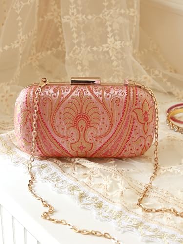 Image of THE TAN CLAN Elora Banarasi Long Clutch Purses Luxury Handbags Bag for Women - Elegant Evening Handbag, Stylish Purse with Magnetic Closure