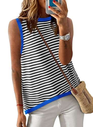 Image of Dokotoo Womens Summer Tops 2026 Casual Striped Color Block High Neck Tank Top Loose Knit High Low Sleeveless Shirts Blouses