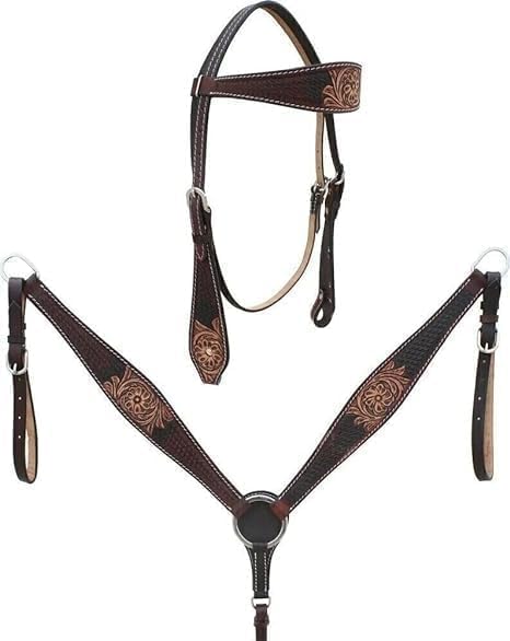 Western Leather Hand Tooled Headstall and Breast Collar Set with Reins. /Size-Full,Cob,Pony AO-928