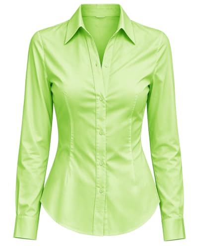 Button Down Shirts for Women Dress Shirt Long Sleeve Wrinkle Free Collared Blouse Work Business Office Solid Corset Tops, D3-Lime L