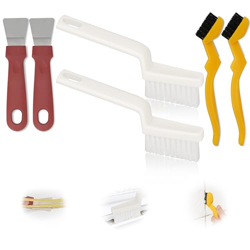 Set of 6 V Shape Joint Cleaner Brush Kit, 4 Stiff Bristles Joint Brush Bathroom Tiles, Hard Bristles Corner Cleaning Brush with 2 Multifunctional Spatulas, Cleaning Brush for Tile Floors, Kitchen
