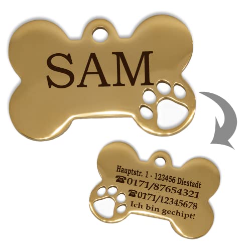 Ibera gifts - Hundemarke mit Gravur und personalisierte Hundemarke in Knochenform für mittelgroße bis große Haustiere (Groß, 1 Pfote, Gold)