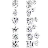 MDFUN Stud Earrings Women Surgical 316L Stainless Steel Hypoallergenic 6 Pairs 5A+ Cubic Zirconia Earring Set for Men - 7MM (Round/Square/Heart/Oval/Star/Marquise)