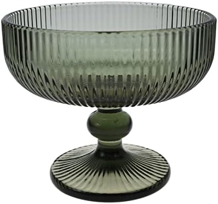 CHOOLD Vintage Strips Embossed Glass Footed Dessert Bowl Ice Cream Bowl Trifle Bowl Salad Bowl Candy Cake Bowl for Home Party Wedding 9 oz, Dark Green, 1 PCS