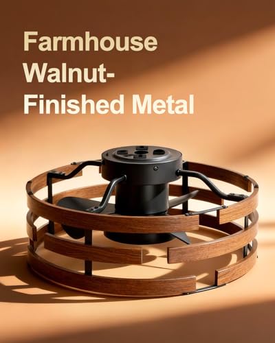 Image of Roomratv Fandelier Ceiling Fan with Light, 20'' Flush Mount Metal Caged Enclosed Blades Ceiling Fan with Remote, Low Profile Farmhouse Fan Light for Rustic Bedroom Kitchen Living Room Office