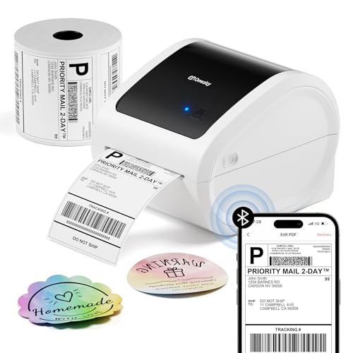 Image of Bluetooth Shipping Label Printer with 1 Roll Labels - D520BT Thermal Label Printer, Thermal Printers with Built-in Label Holder, Come with 500PCS 4x6 White Labels (500 Labels /Roll)
