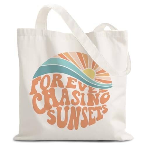 URLLUAE Boho Sunshine Tote Bag, Beach Coastal Canvas Tote Bags for Women, Boho Gifts for Women, Gifts for Beach Lover, Forever Chasing Sunsets Reusable Grocery Shopping Bags