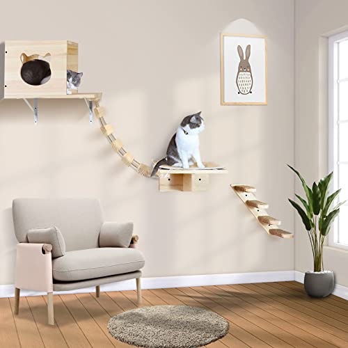 Cat Wall Shelves, Cat Shelves Perches For Wall, Cat Wall Steps Set 5 Pcs Wall Mounted Cat Furniture 1 Cat Condos House, 2 Cat Wall Shelves, 1 Cat Scratching Post, 1 Cat Bridge Ladder #TOP5