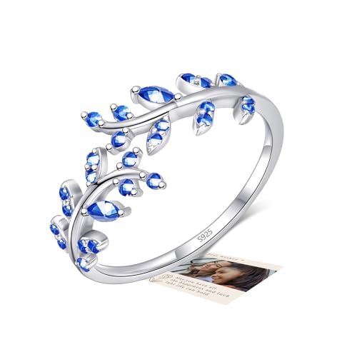 Blue and Silver Thumb Rings for Women - Olive Leaf Wrap Around Open Sterling Silver Adjustable Ring With Cubic Zirconia - Jewellery Gifts for Girls