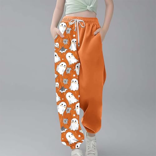 Teen Girls Halloween Sweatpants Cute Ghost Graphic Baggy Wide Leg Joggers Pants Elastic Waist Warm Long Trousers2