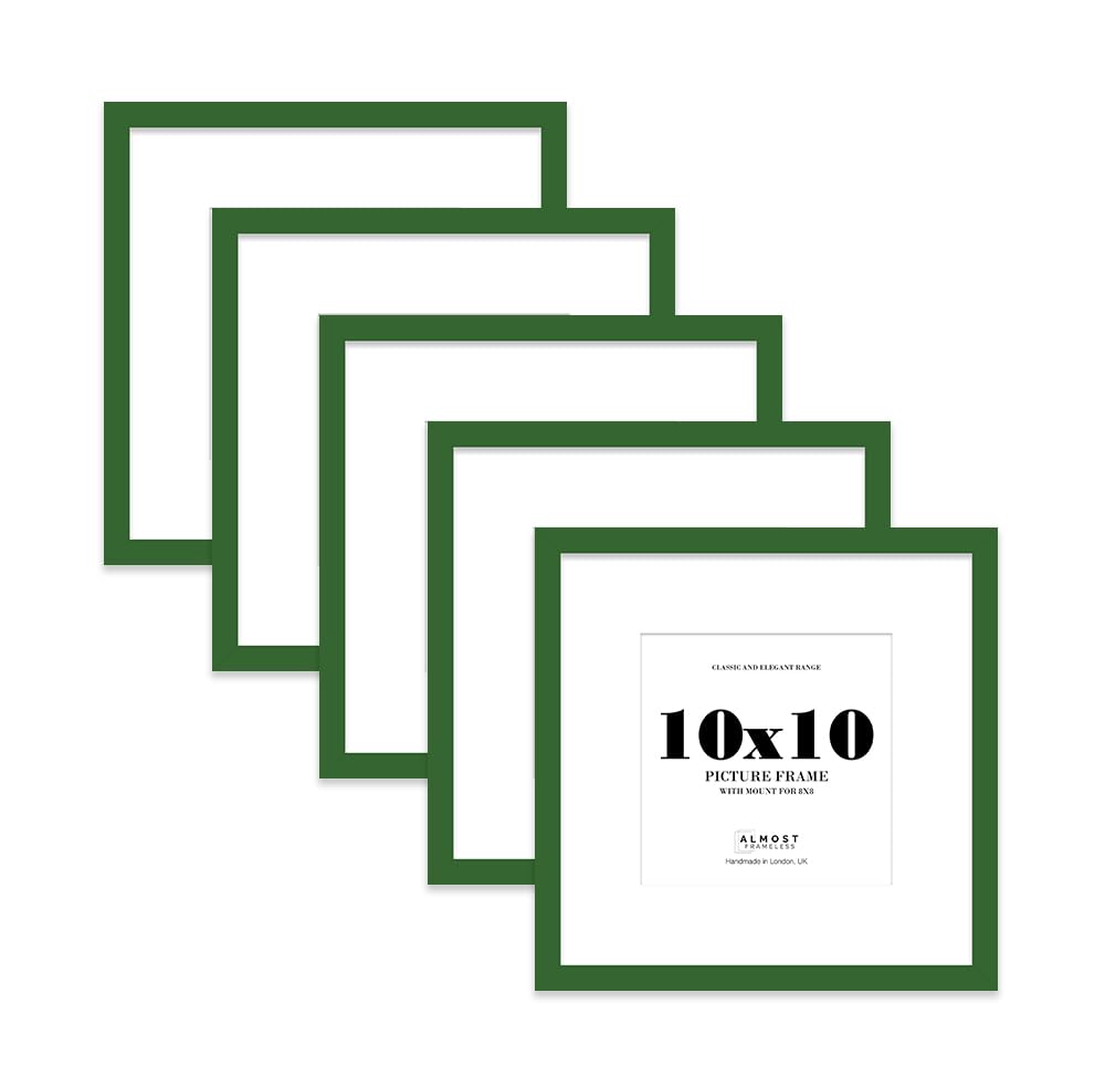 10x10 Green Picture Frame with Mount for 8x8 Photos, Prints - Modern Square Wall Frame, Set of 5