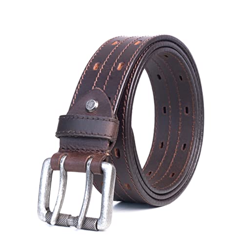 KERTZ Men's Leather Belt Double Prong Buckle Belt 38 mm Width Casual Leather Belt for wok and Jeans belt